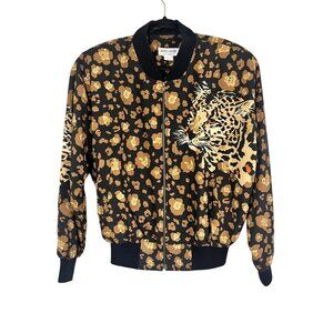 Retro Animal Print Bomber Jacket L Brown Leopard Safari Neutral Chic Festive 70s